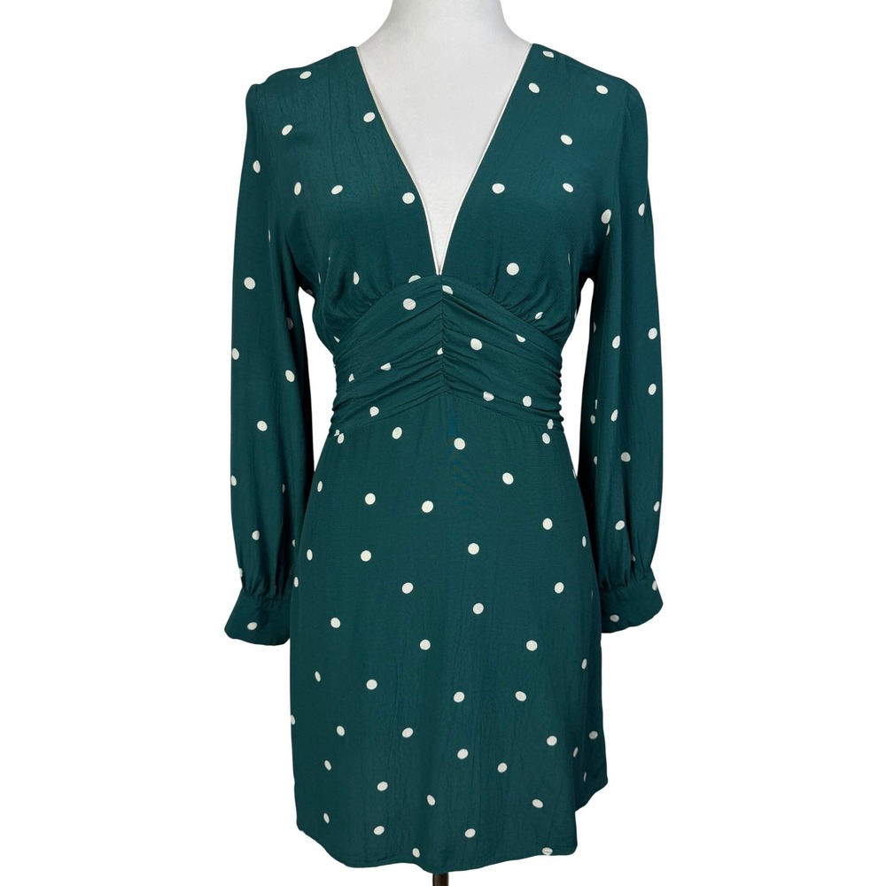 Topshop Women Green Polka Dot Mini Dress 4 Forest Ruched Keyhole Back Long Slv